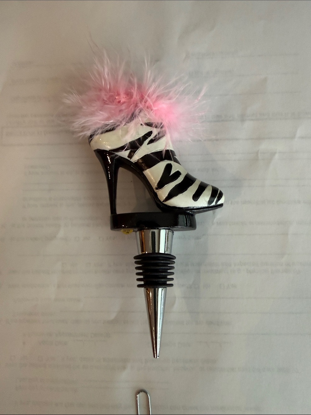 Decorative Zebra High Heel Wine Stopper with Pink Feather Trim
